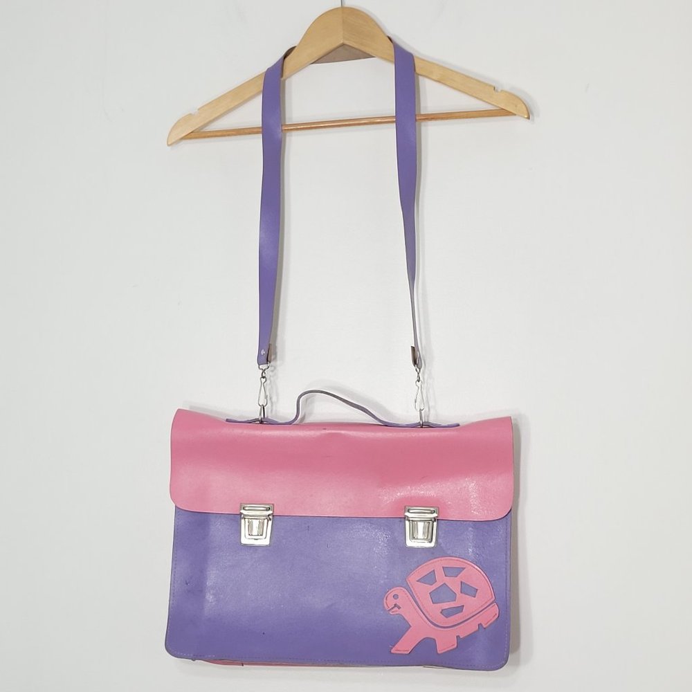 Vintage Pink Purple Leather Kids School Bag Shoulder Strap Top Handle Retro